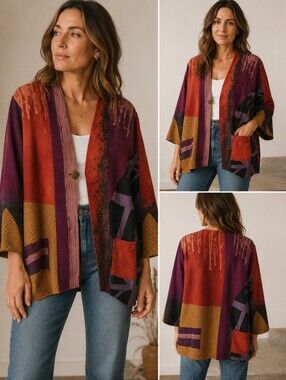 Ali Miles Abstract Colorblock Kimono Jacket Size Large Artsy Lightweight